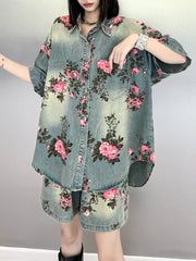 Floral Printed Split-Joint High-Low Loose Lapel Blouses&Shirts Tops