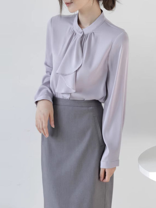 Buttoned Pleated Ribbon Solid Color Long Sleeves Loose Mock Neck Blouses&Shirts Tops