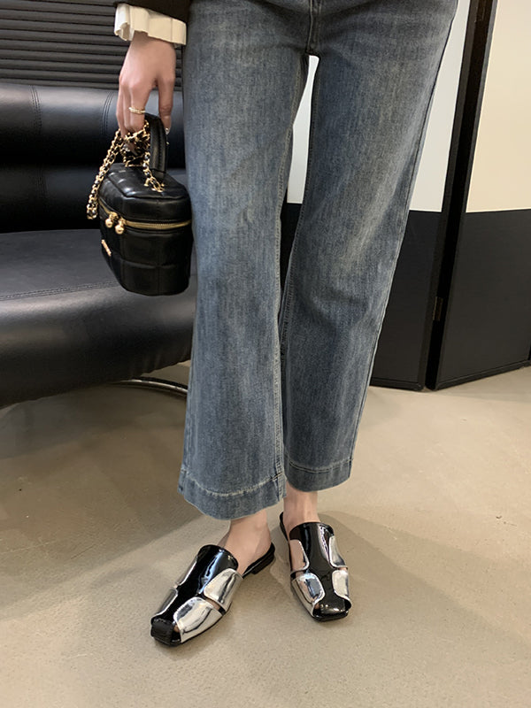 Contrast Color Hollow Split-Joint Square-Toe Slippers&Mules Sandals