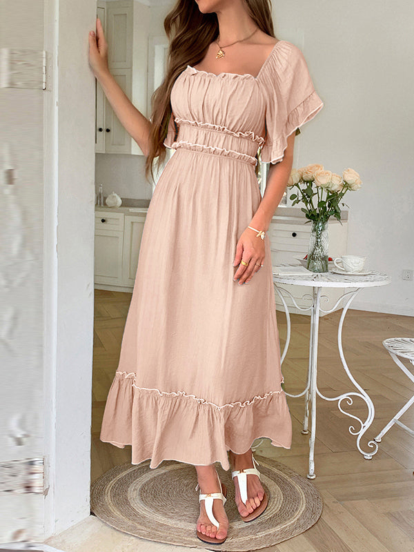 Pleated Ruffle Trim Split-Joint Zipper A-Line High Waisted Square-Neck Midi Dresses