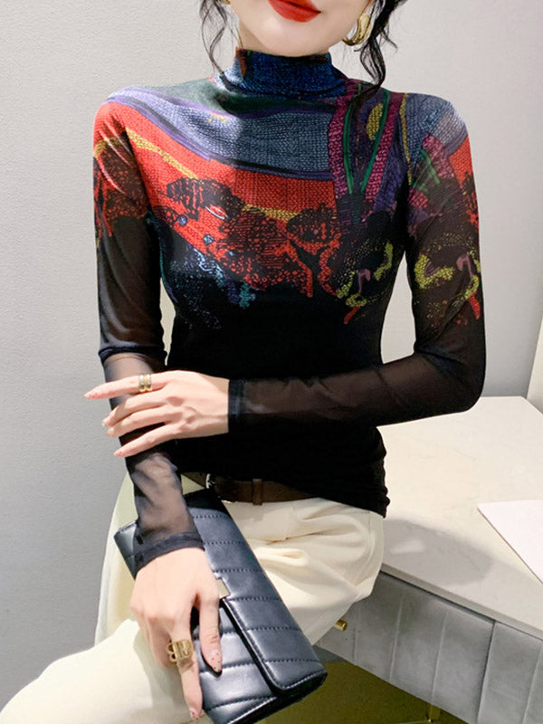 Printed See-Through Split-Joint Long Sleeves Plus Size High Neck T-Shirts