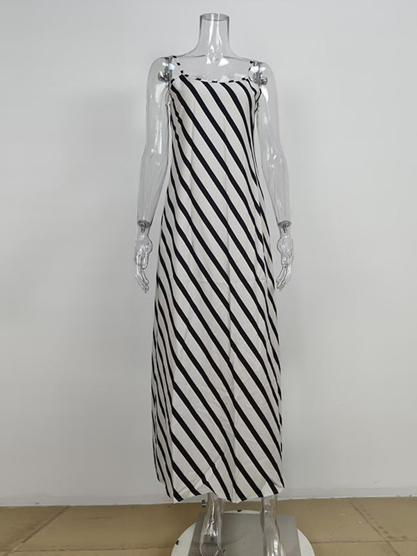 Striped High Waisted Loose Spaghetti-Neck Maxi Dresses