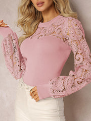 Hollow Pleated Solid Color Split-Joint Long Sleeves Loose Round-Neck T-Shirts Tops