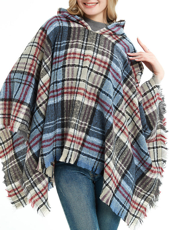 Fringed Hooded Keep Warm Plaid Shawl&Cloak Cape