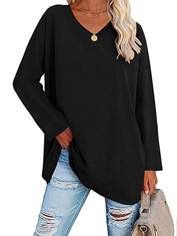 See-Through Solid Color Split-Joint Long Sleeves Loose V-neck T-shirts