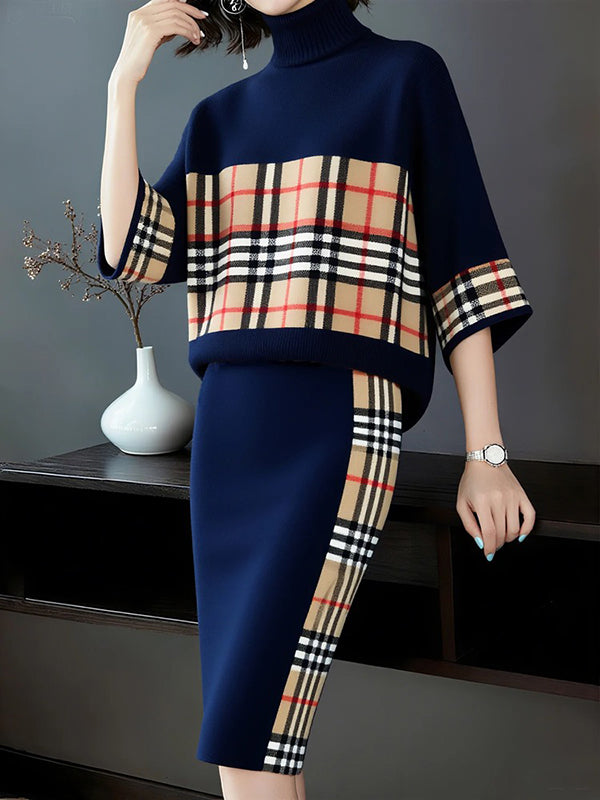 Plaid Loose Three-quarter Sleeves Sweater Tops Pullovers