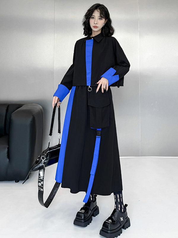 Asymmetric Contrast Color Split-Joint Lapel Blouses&Shirts Tops + A-Line Elasticated Waist Pockets Streamer Skirts Bottoms Two Pieces Set
