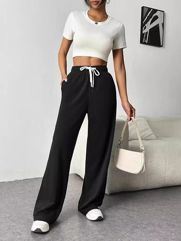 Drawstring Elasticity Split-Joint High Waisted Loose Trousers Pants