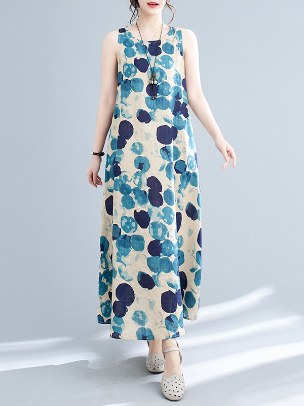 Polka-Dot Loose Sleeveless Round-Neck Maxi Dresses