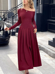 Pleated Solid Color Split-Front High Waisted Long Sleeves One-Shoulder Maxi Dresses