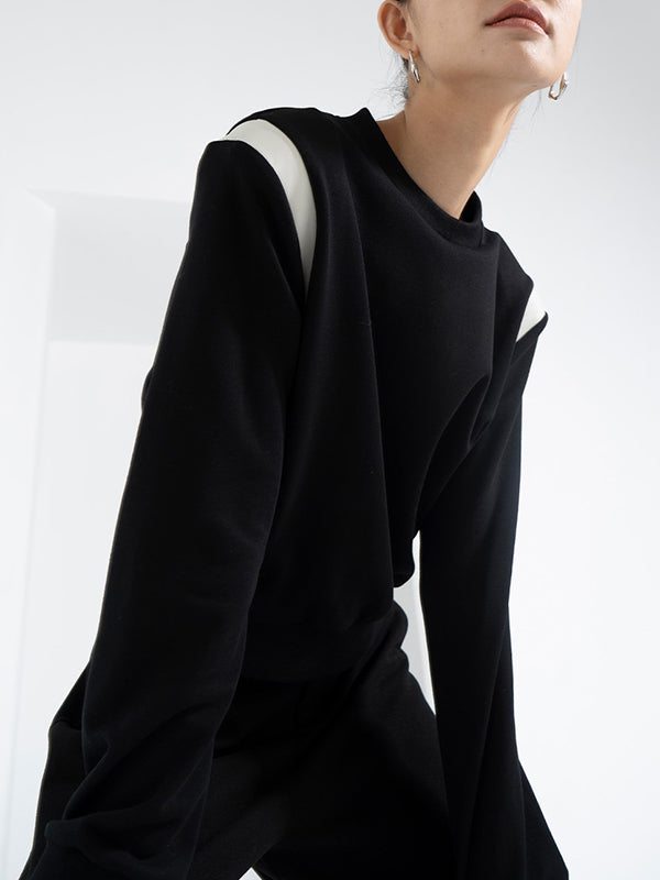 Contrast Color Long Sleeves Loose Round-Neck Sweatshirt Tops