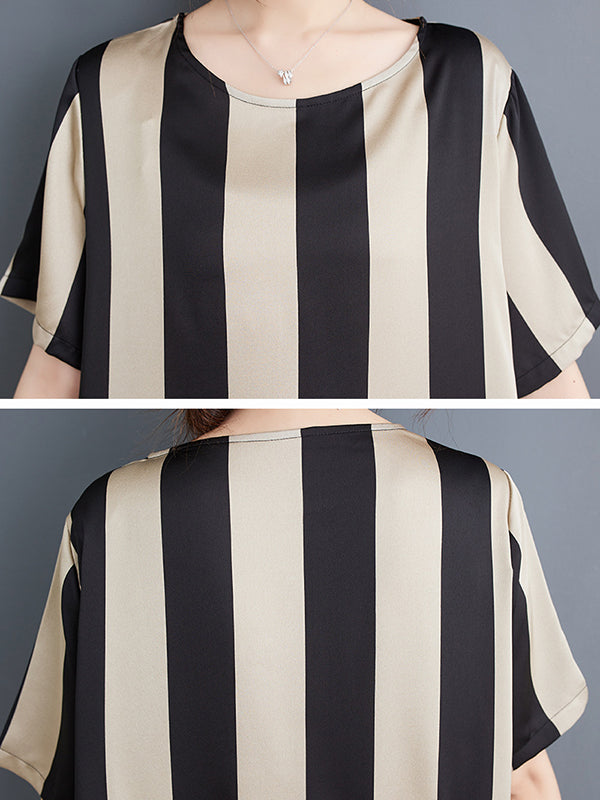 Striped Irregular clipping Loose Round-neck Two Pieces Set