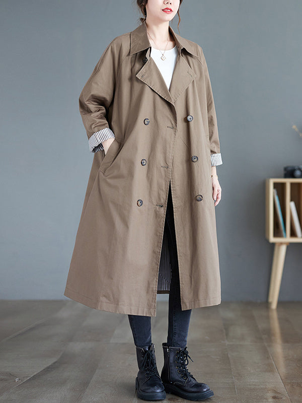 Buttoned Pockets Long Sleeves Loose Notched Collar Trench Coats
