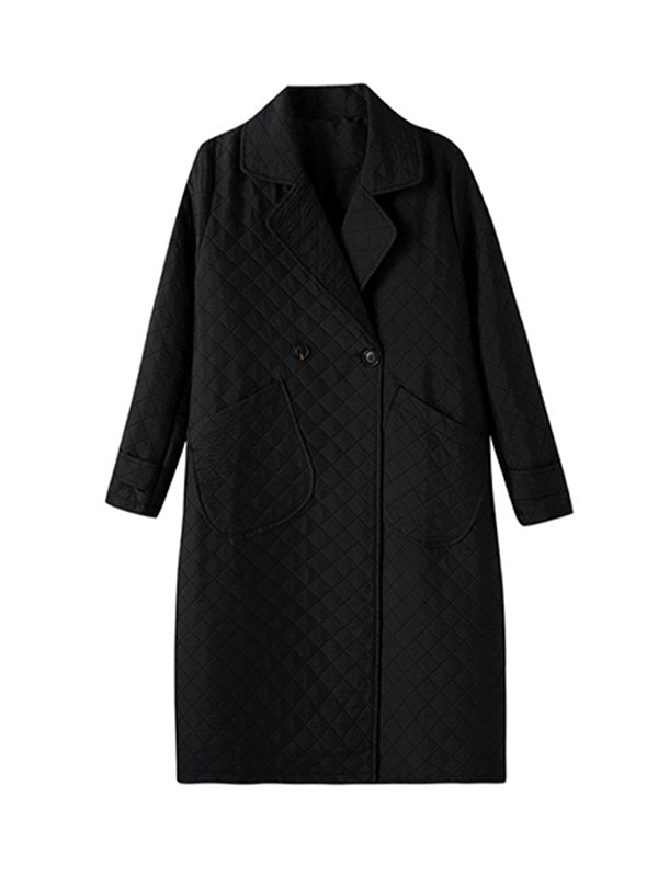 Buttoned Pockets Quilted Long Sleeves Loose Notched Collar Padded Coat