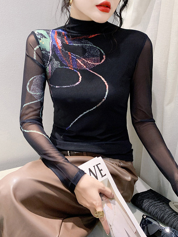 Printed See-Through Split-Joint Long Sleeves Plus Size High Neck T-Shirts