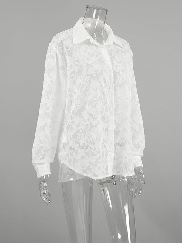 Jacquard See-Through Split-Joint Long Sleeves Loose Lapel Blouses&Shirts Tops
