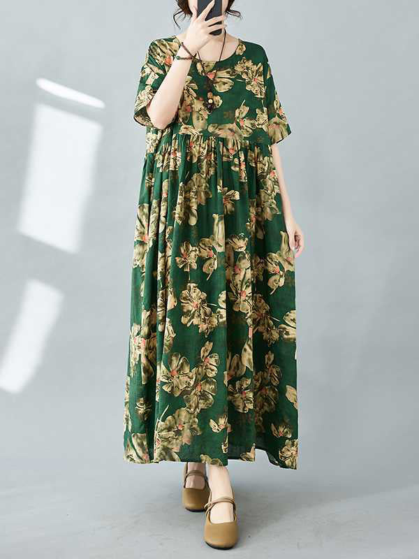 Flower Print Pleated Pockets Half Sleeves Loose Round-neck Midi Dresses