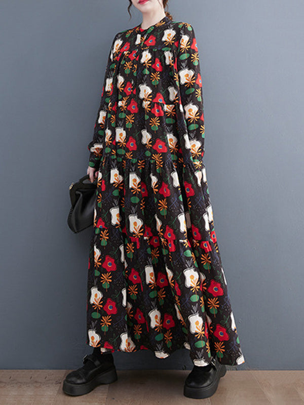 Buttoned Flower Print Split-Joint A-line Long Sleeves Round-neck Midi Dresses