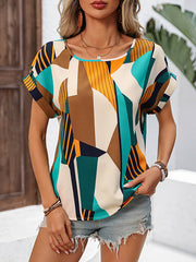 Contrast Color Loose Short Sleeves Round-Neck Blouses&Shirts Tops