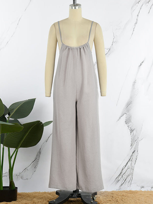 Solid Color Sleeveless Wide Leg Spaghetti-Neck Overalls