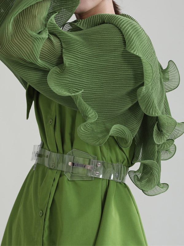 Asymmetric Pleated Solid Color Split-Joint Falbala Long Sleeves Loose Lapel Blouses&shirts Tops
