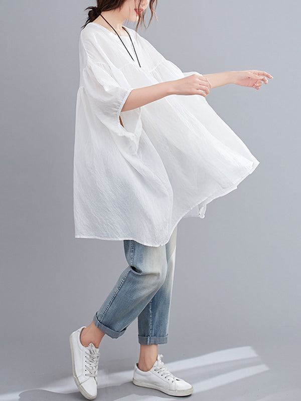 Pleated See-Through Solid Color Half Sleeves Loose Round-neck Blouses&shirts Tops