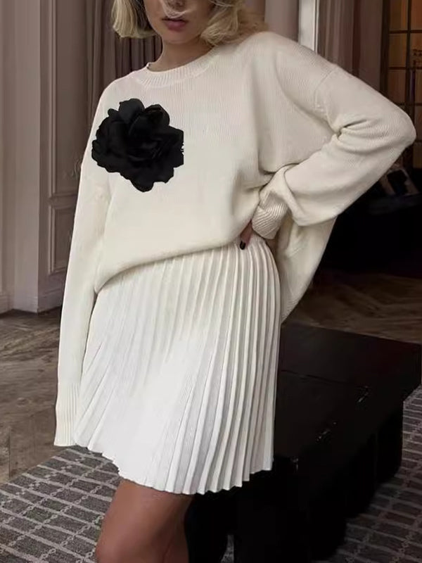 Flower Shape Split-Joint Long Sleeves Loose Round-Neck Sweater Tops