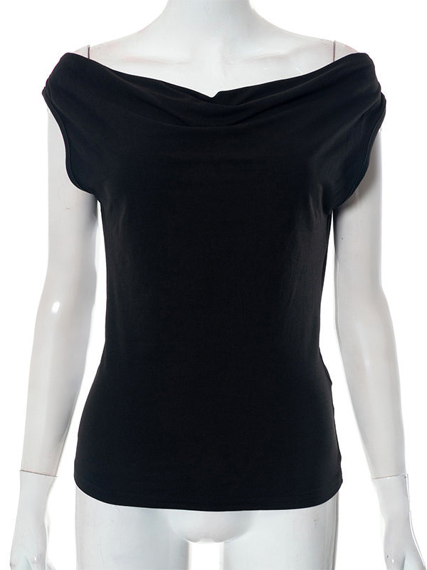 Backless Solid Color Split-Joint Tied Skinny Sleeveless Off-The-Shoulder T-Shirts Tops