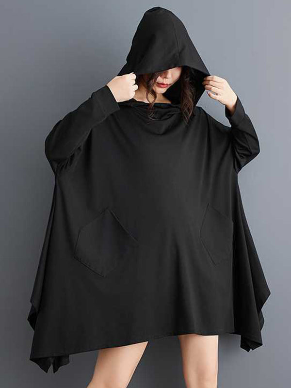 Pockets Solid Color Batwing Sleeves Hooded Hoodies Tops