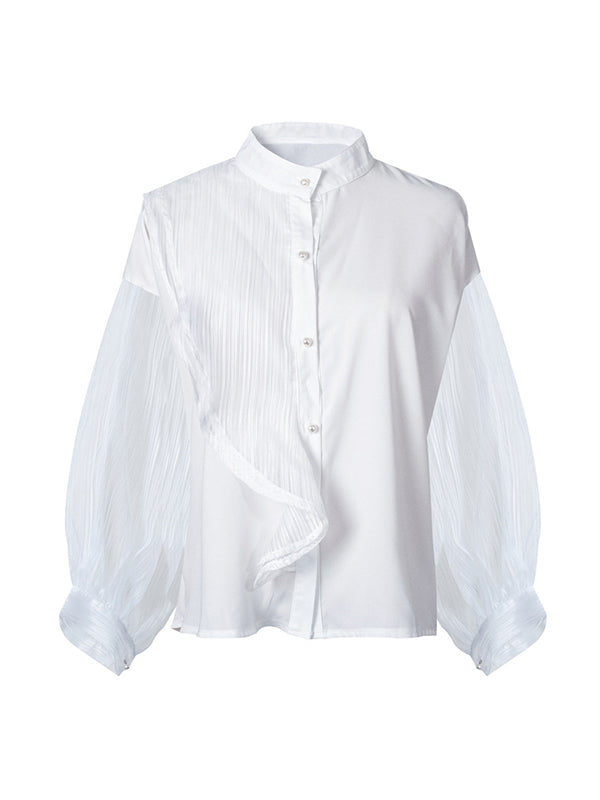 Asymmetric Buttoned See-Through Solid Color Split-Joint Long Sleeves Loose Stand Collar Blouses&shirts Tops