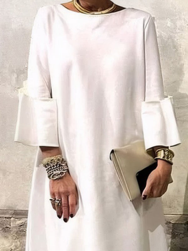Solid Color Loose Three-quarter Sleeves Round-neck Midi Dresses