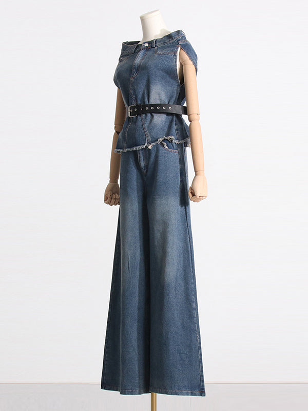 Buttoned Fringed Loose Sleeveless Belted Pockets Boat Neck Vest Top + Pants Bottom Two Pieces Set