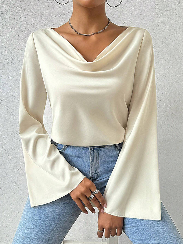 Solid Color Long Sleeves Loose Heaps Collar T-Shirts Tops