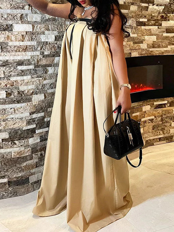 Belted Pleated Pockets Solid Color Loose Sleeveless Tube Jumpsuits