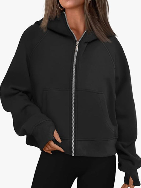 Pockets Solid Color Zipper Hooded Long Sleeves Outerwear Jackets