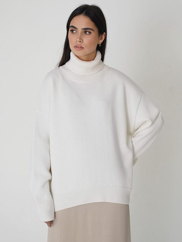 Casual Long Sleeves Loose Solid Color High-Neck Sweater Tops