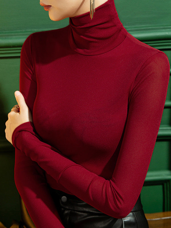 See-Through Solid Color Split-Joint Long Sleeves Plus Size High Neck T-Shirts