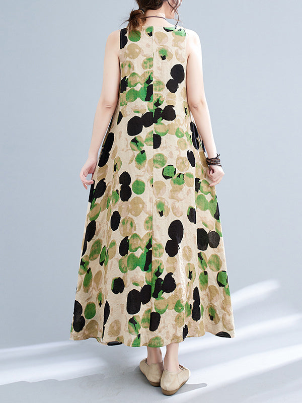 Printed Split-Joint Loose Sleeveless Round-neck Maxi Dresses