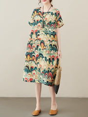 Printed Split-Joint Loose Short Sleeves Round-neck Midi Dresses