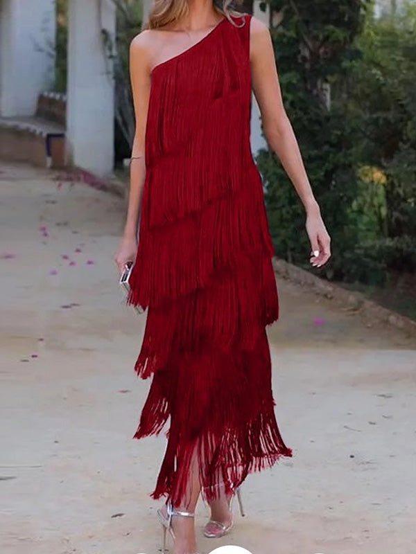 Asymmetric Solid Color Split-Joint Tasseled Loose Sleeveless One-Shoulder Maxi Dresses