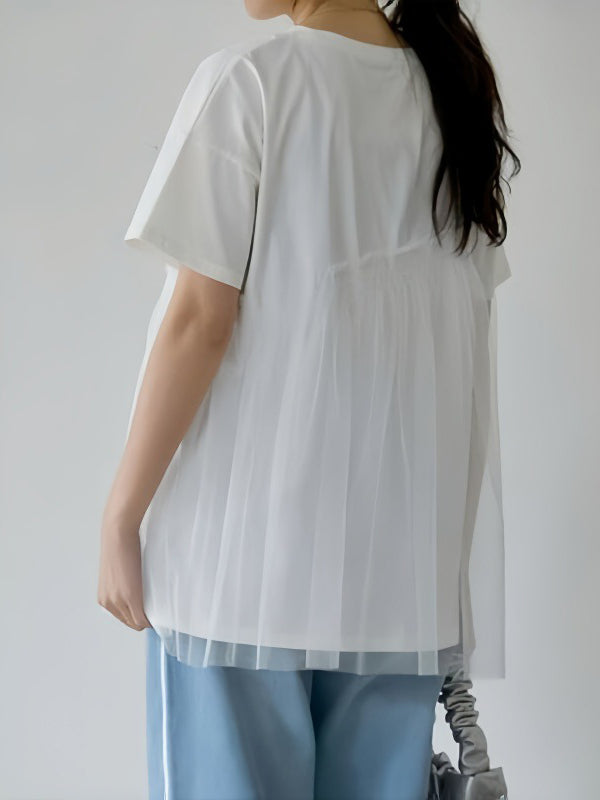 Asymmetric Mesh Split-Joint Loose Short Sleeves Round-Neck T-Shirts Tops