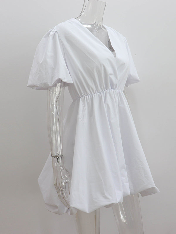 Pleated Solid Color Split-Joint Loose Puff Sleeves V-Neck Mini Dresses