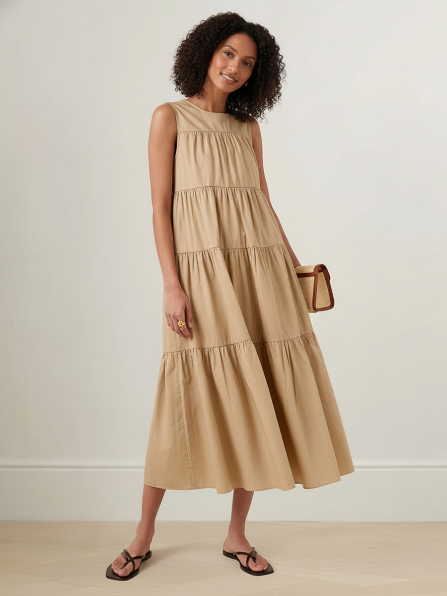 Layered Pleated Solid Color A-Line Loose Round-Neck Midi Dresses