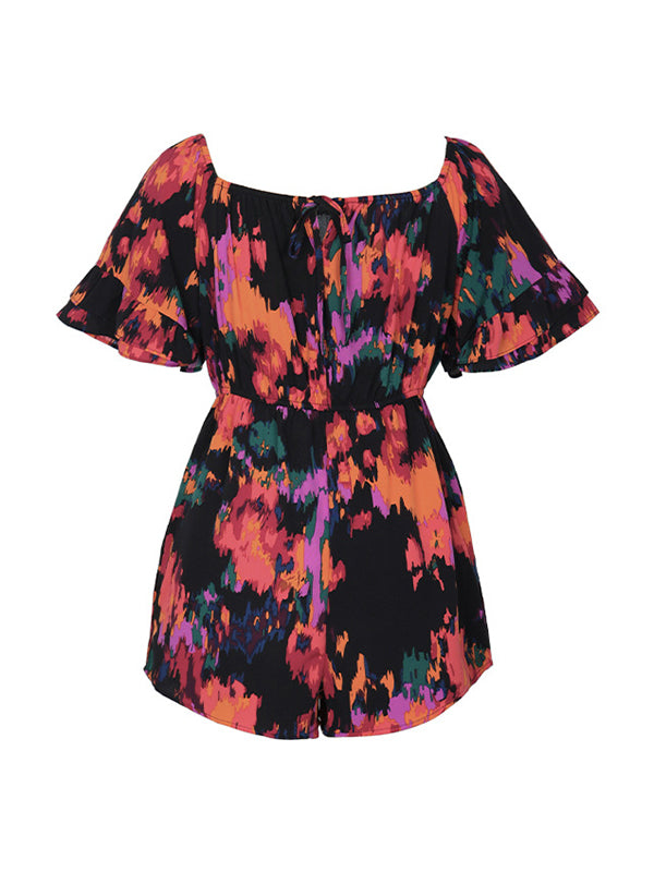 Drawstring Elasticity Pockets Printed Split-Joint Flared Sleeves Half Sleeves Off-The-Shoulder Rompers