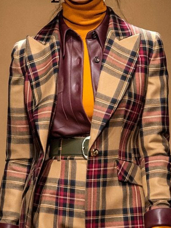 Plaid Split-Joint Long Sleeves Lapel Outerwear Jackets