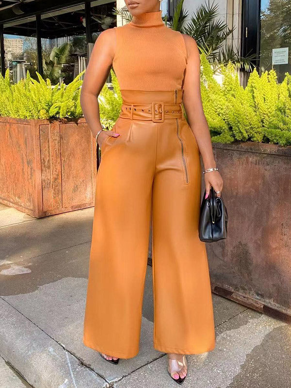 Belted Solid Color Zipper High Waisted Wide Leg Trousers Pants