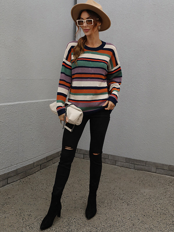 Original Long Sleeves Loose Contrast Color Striped Round-Neck Sweater Tops
