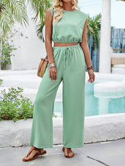 Round-Neck Loose Solid Color Split-Joint Vest Top + Drawstring Elasticity High Waisted Pants Bottom Two Pieces Set