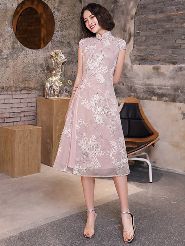 Original Applique Stand Collar Long Cheongsams