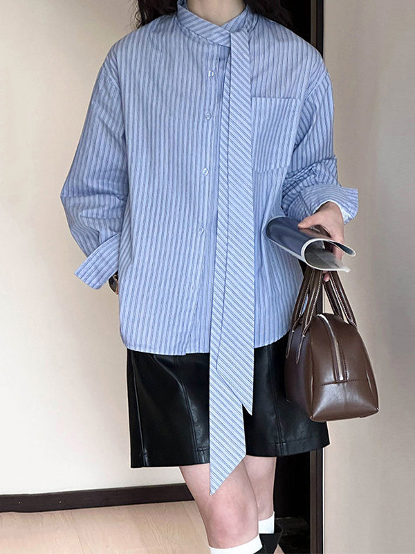 Buttoned Pockets Striped Tied Long Sleeves Loose Mock Neck Blouses&Shirts Tops